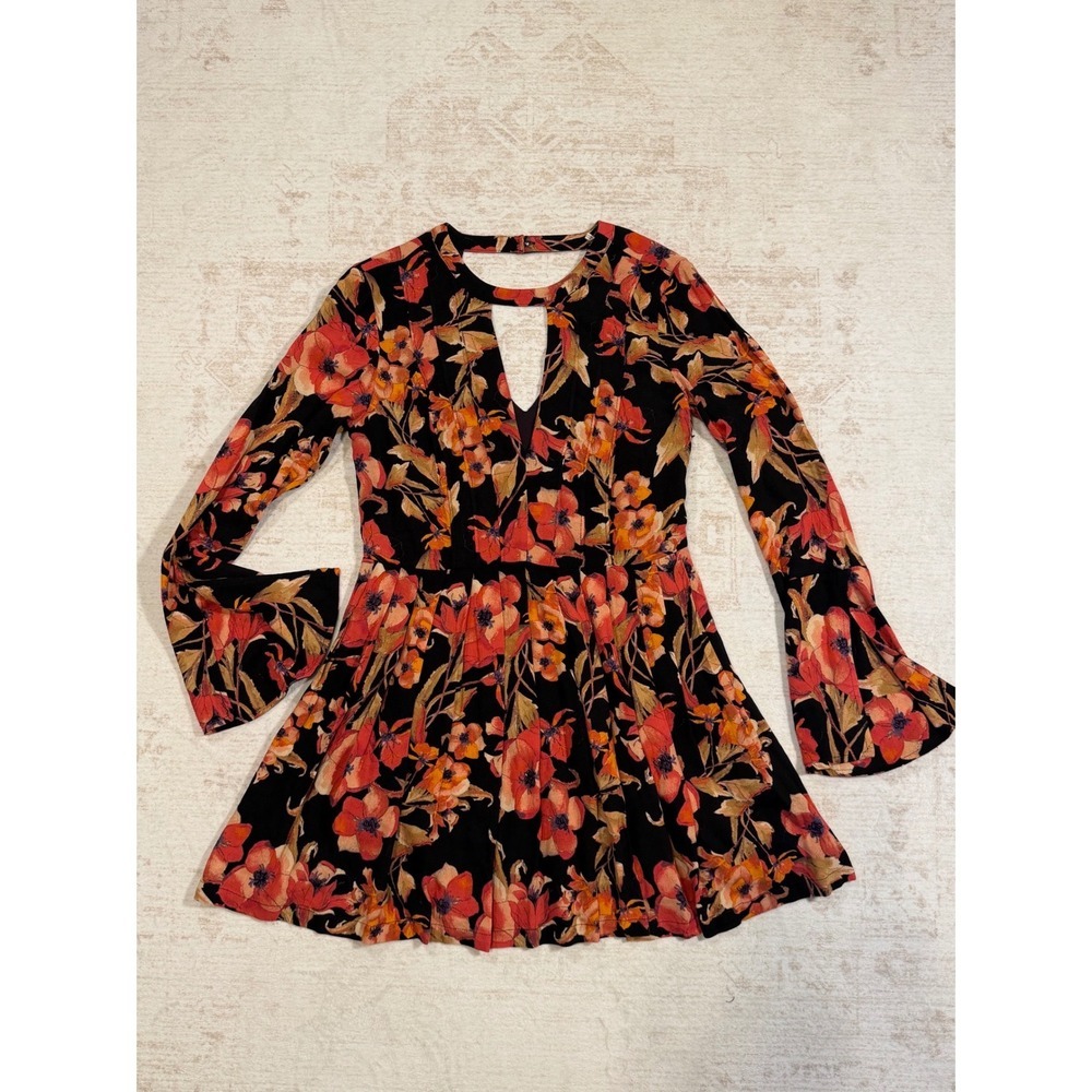 Free People Orange Floral Long Sleeve Mini Dress Keyhole Bell Sleeve Size 2